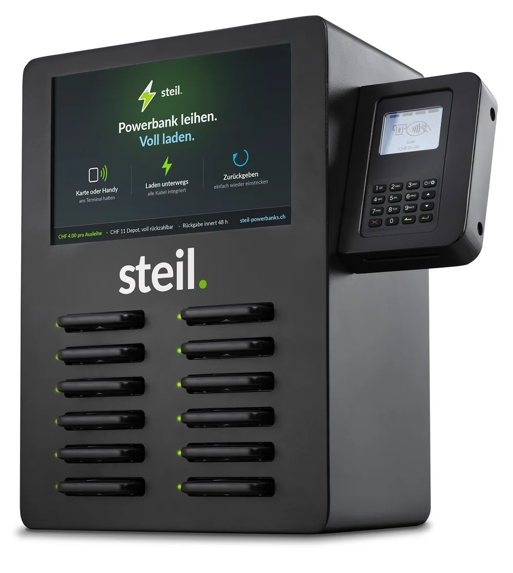 Steil-Ladestation mit zwölf Powerbanks und Kartenterminal